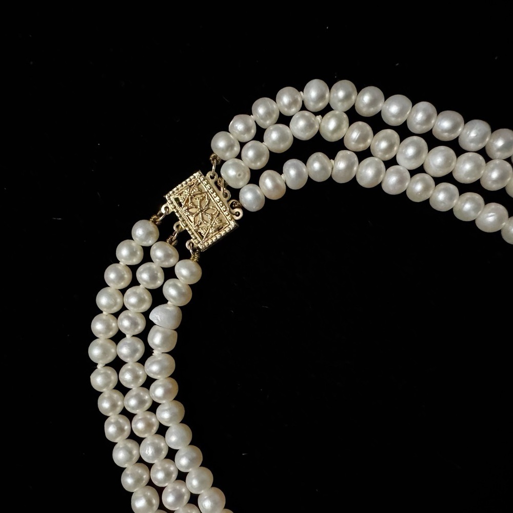 14k Yellow Gold 3 Strand Freshwater Pearl Estate Heirloom Necklace - Picture 4 of 9